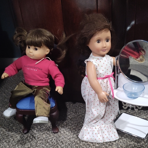American Girl Doll with White Dress and Vanity Set